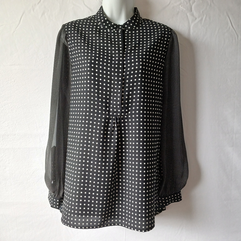Anne‎ Klein Black White Dots Puff Sleeve Blouse 1/2 Button Preppy Office Wear